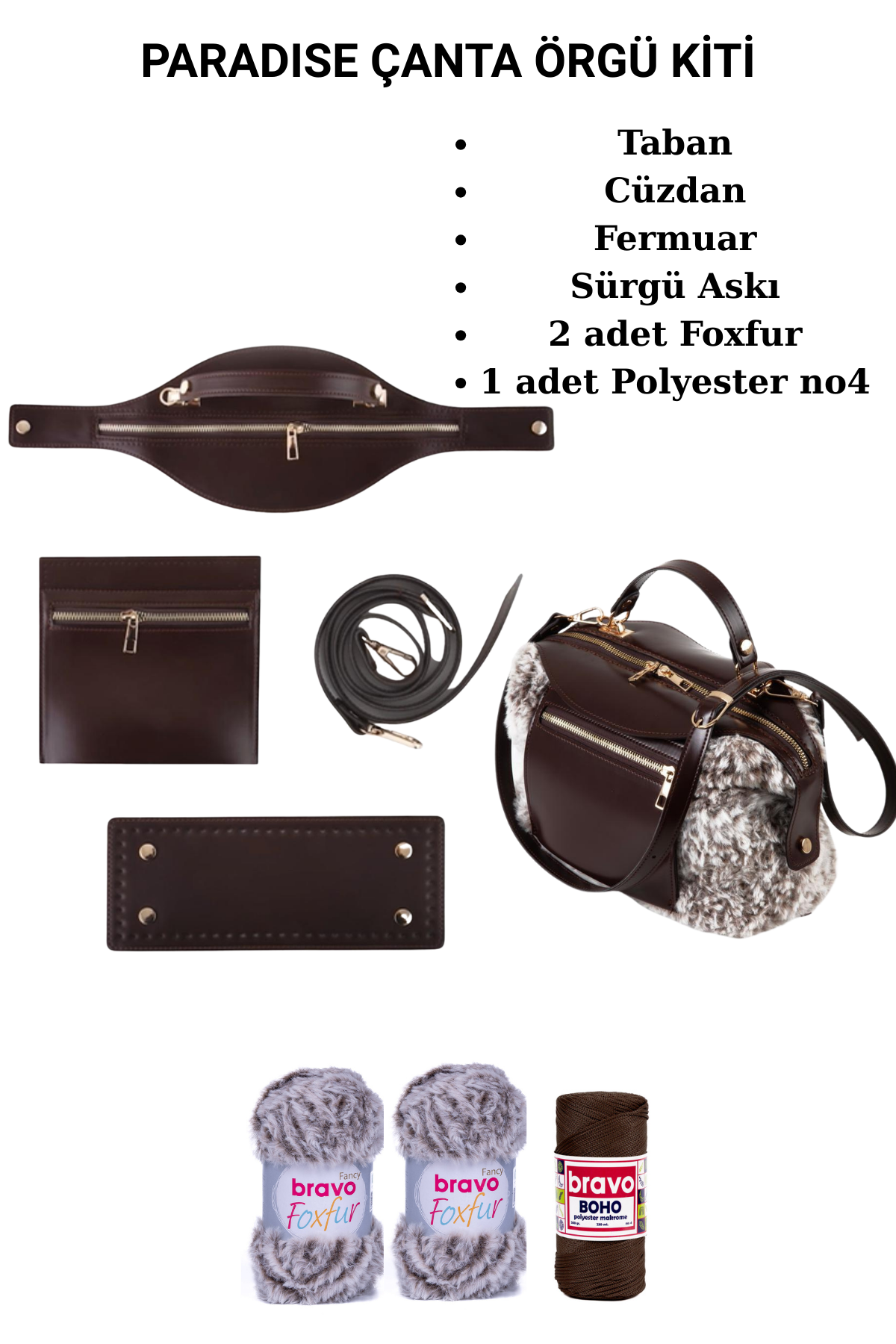 Kürk Ipi Çanta Örgü Kiti Acı Kahve Paradise Kit  Çanta yapım malzemeleri İpler Dahil