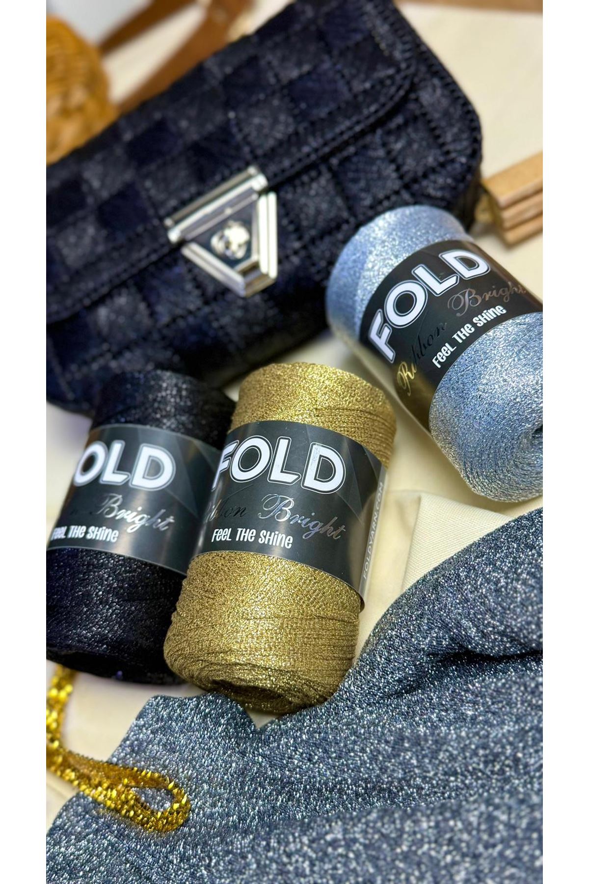 Kanvas Çanta Siyah Örgü Kiti 45x21cm - Simli Ribbon Bright Plastik Kanvas Çanta Seti Simli İp 