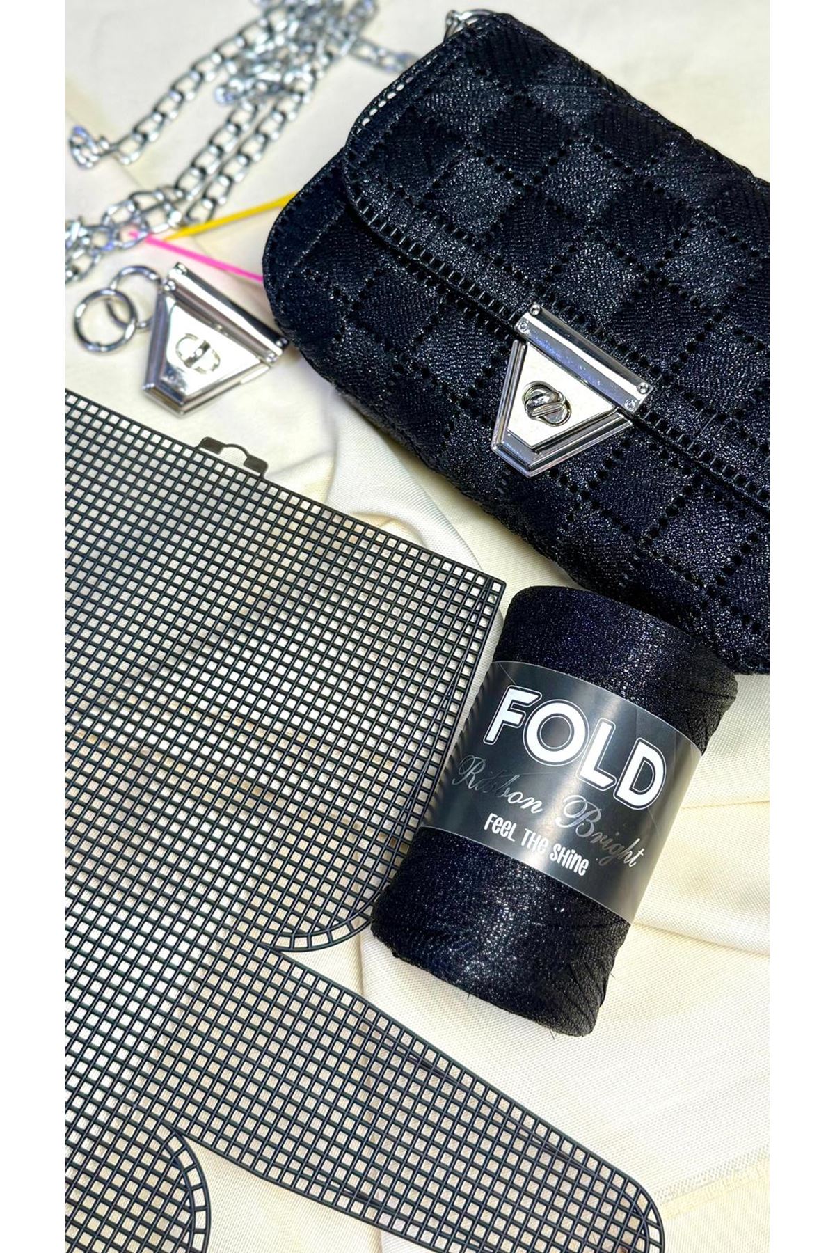 Kanvas Çanta Siyah Örgü Kiti 45x21cm - Simli Ribbon Bright Plastik Kanvas Çanta Seti Simli İp 