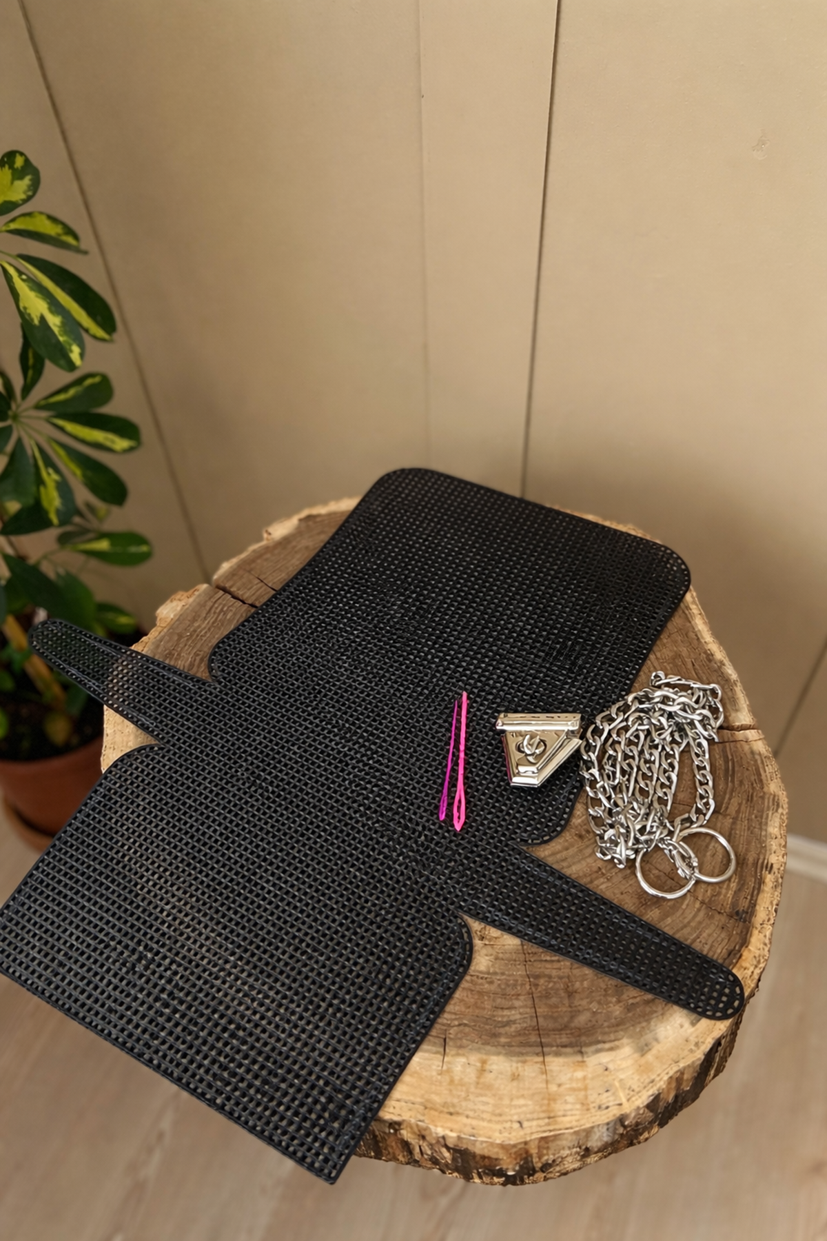 Kanvas Siyah Çanta Örgü Kiti 45x22 cm Orta Boy Metal Zincir Set