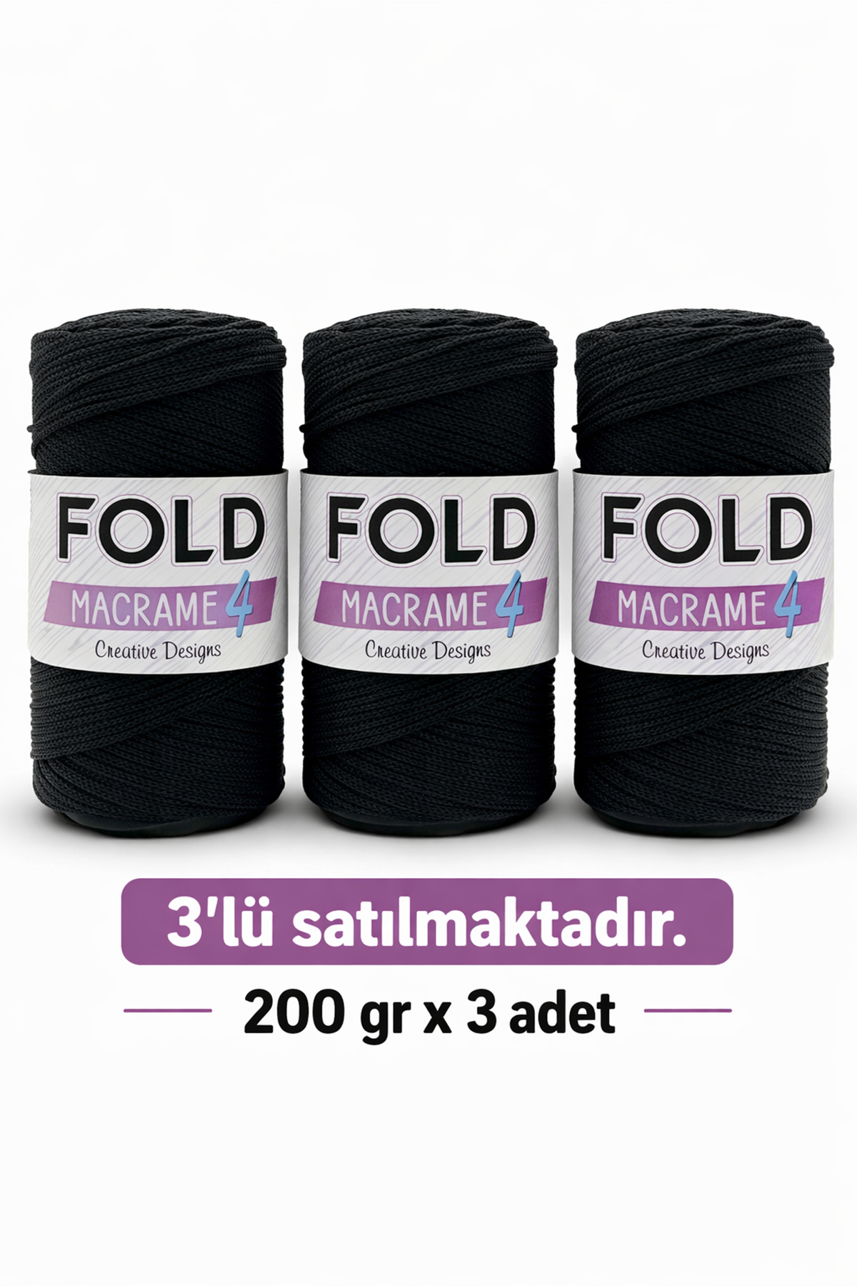 Polyester Makrome No:4  Siyah 3 Adet Polyester Makrome Ipi 2 Mm - 200 gr -230 M Supla Ip Çanta Ipi PAKET