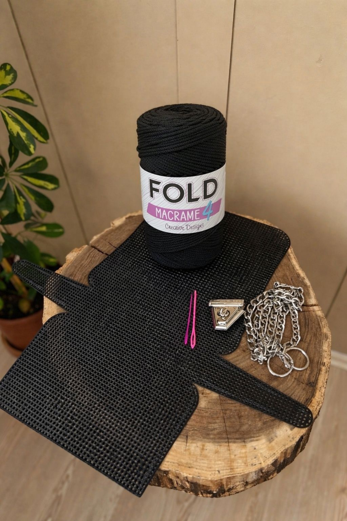 Kanvas Siyah No.4 İp Çanta Örgü Kiti 45x22 cm Orta Boy Metal Zincir Set Çanta İpi