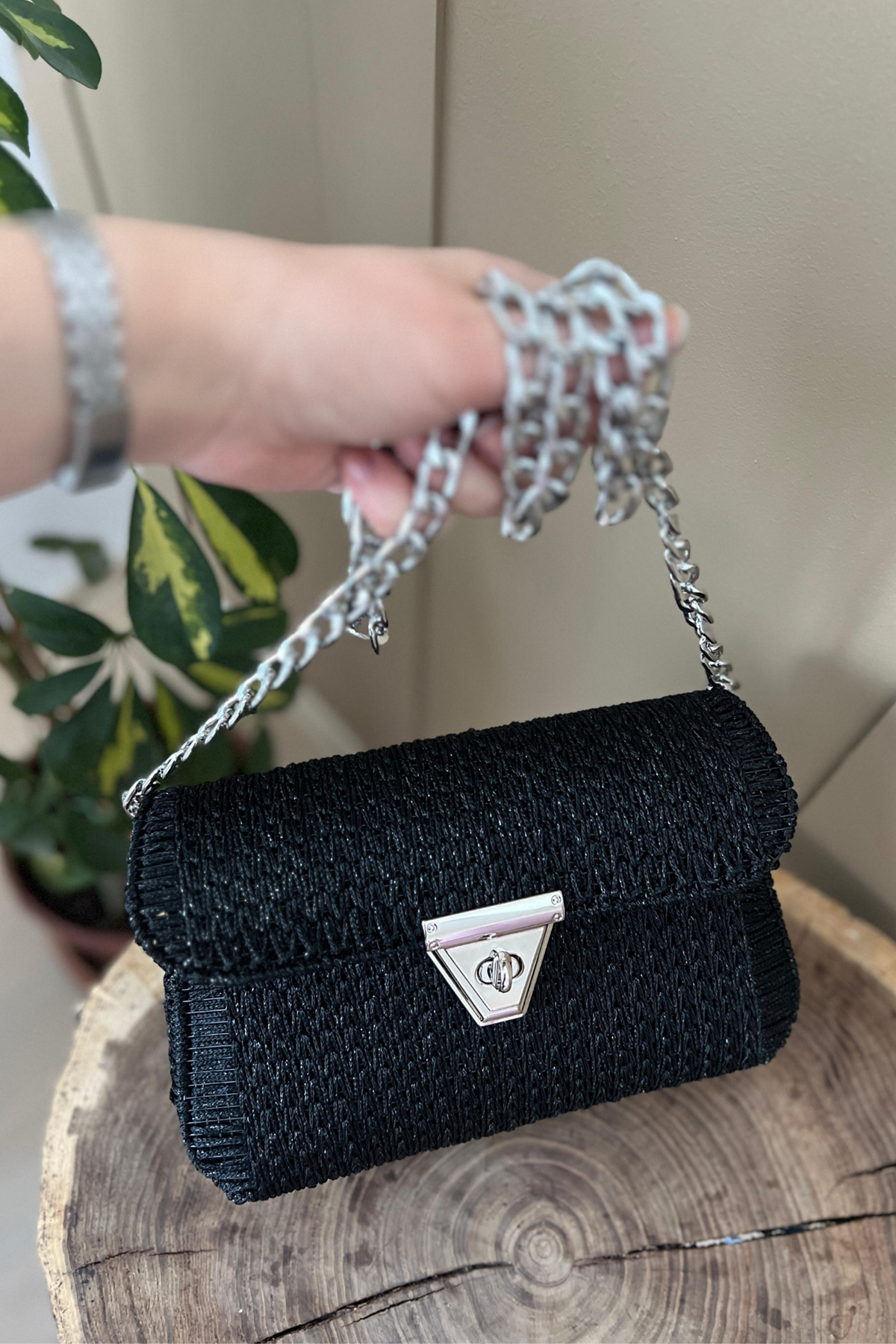 Kanvas Siyah No.4 İp Çanta Örgü Kiti 45x22 cm Orta Boy Metal Zincir Set Çanta İpi