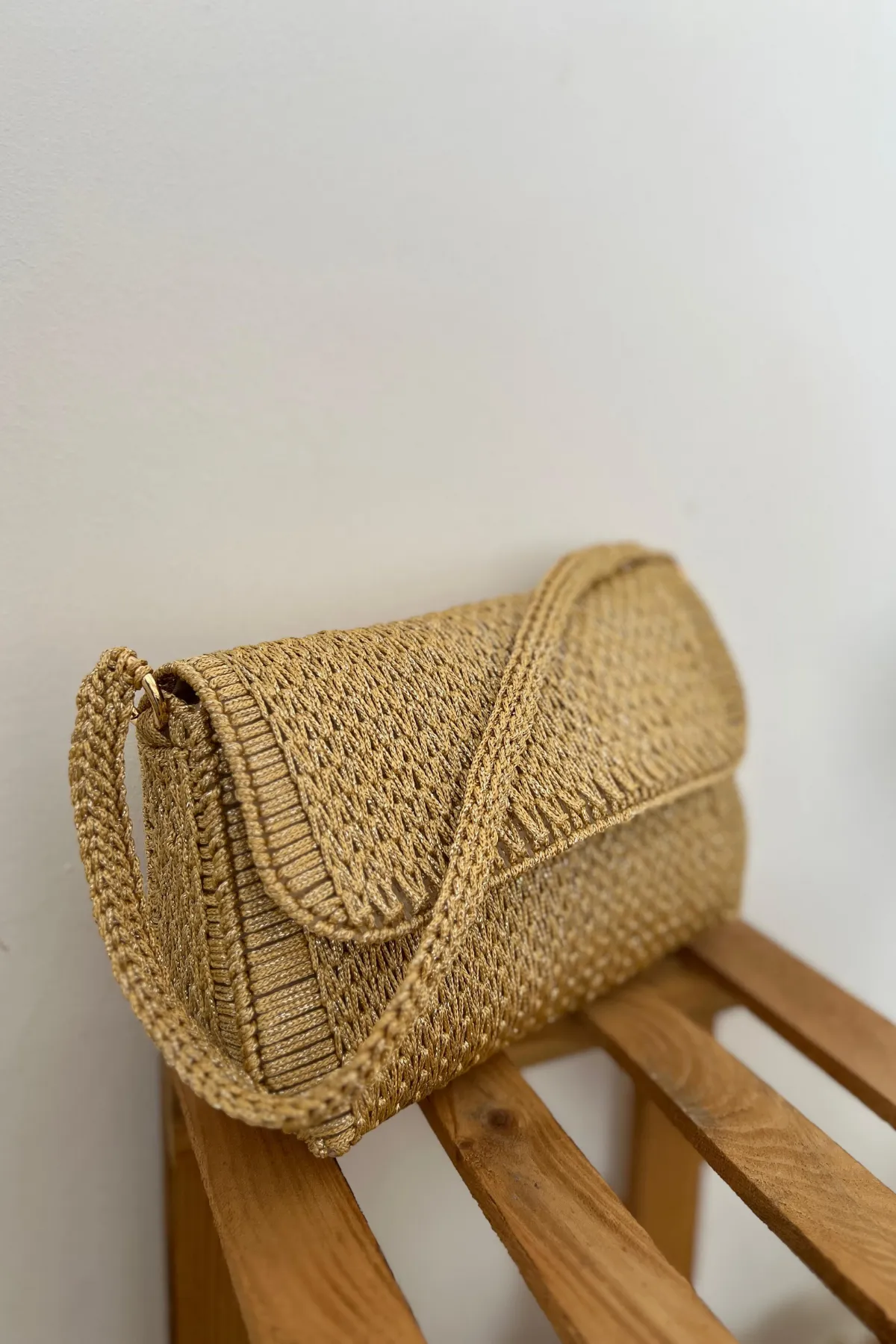 Kanvas Çanta Örgü Kiti 45x21cm -Sütlü Kahve Gold Zincir Polyester Makrome No.3 Plastik Kanvas Çanta Seti