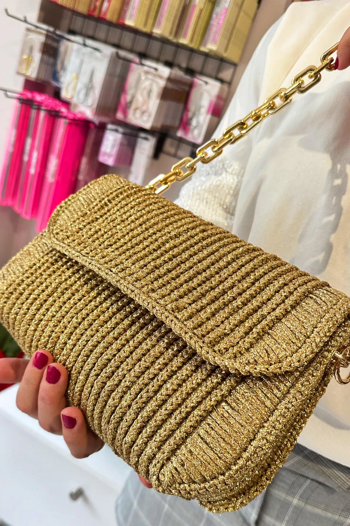 Kanvas Çanta Örgü Kiti 45x21cm -Sütlü Kahve Gold Zincir Polyester Makrome No.3 Plastik Kanvas Çanta Seti