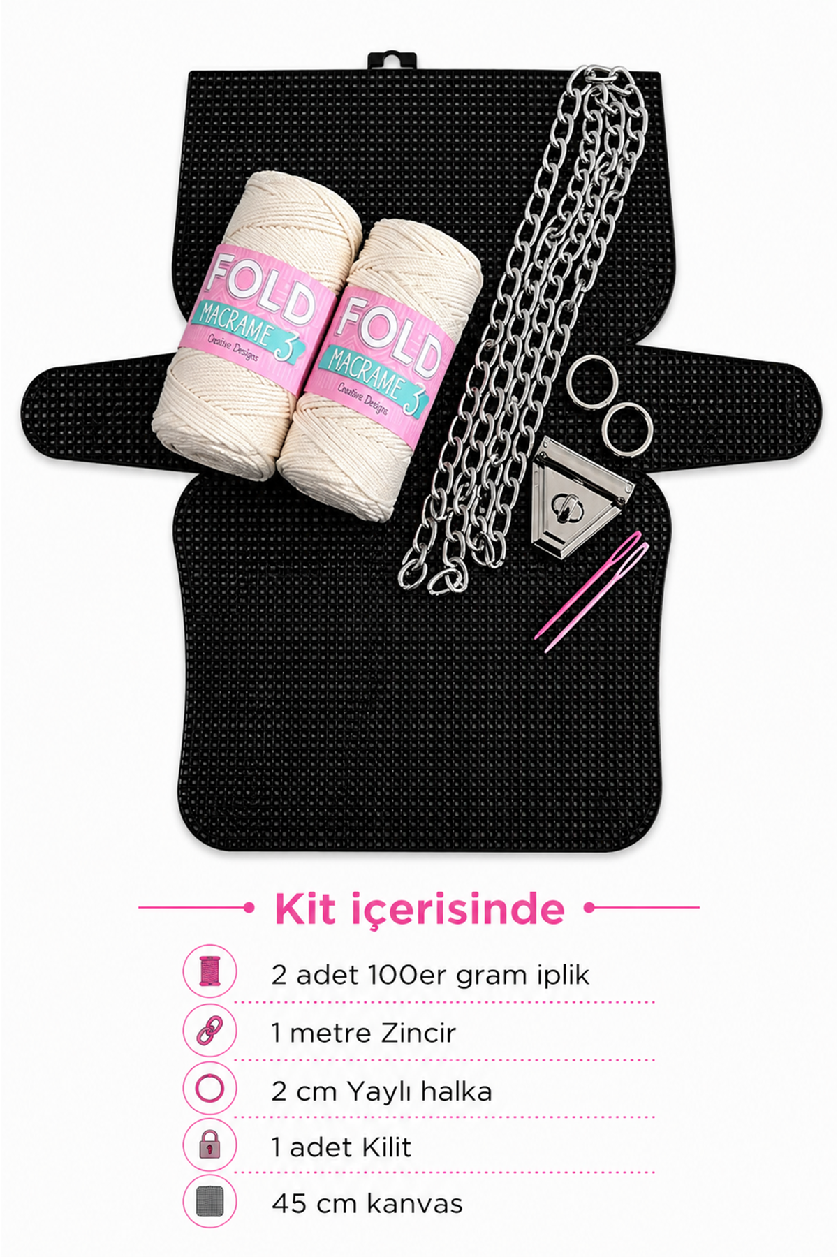 Kanvas Çanta Örgü Kiti 45x21cm - Krem Polyester Makrome No.3 Plastik Kanvas Çanta Seti