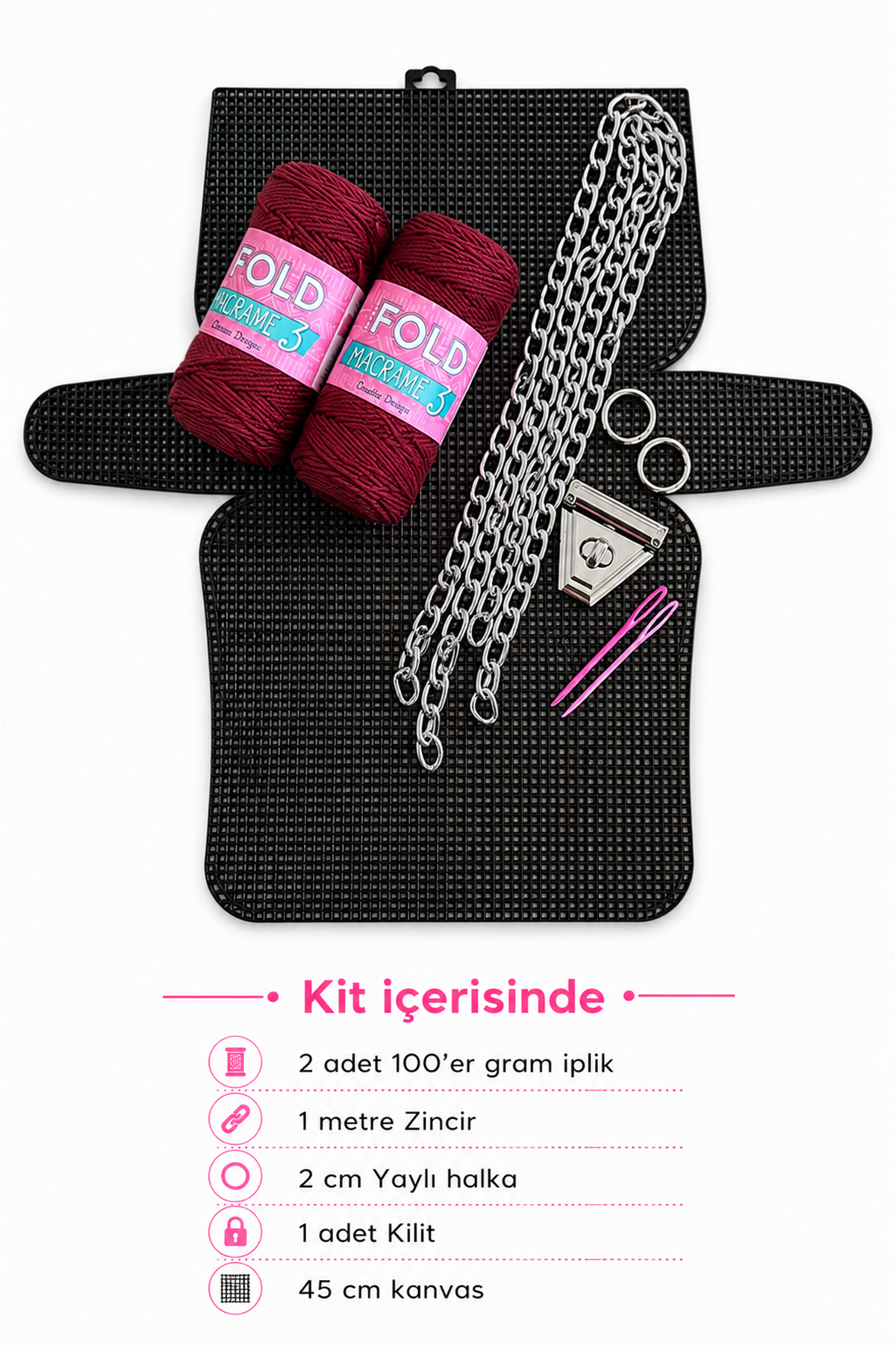 Kanvas Çanta Örgü Kiti 45x21cm - Bordo Polyester Makrome No.3 Plastik Kanvas Çanta Seti