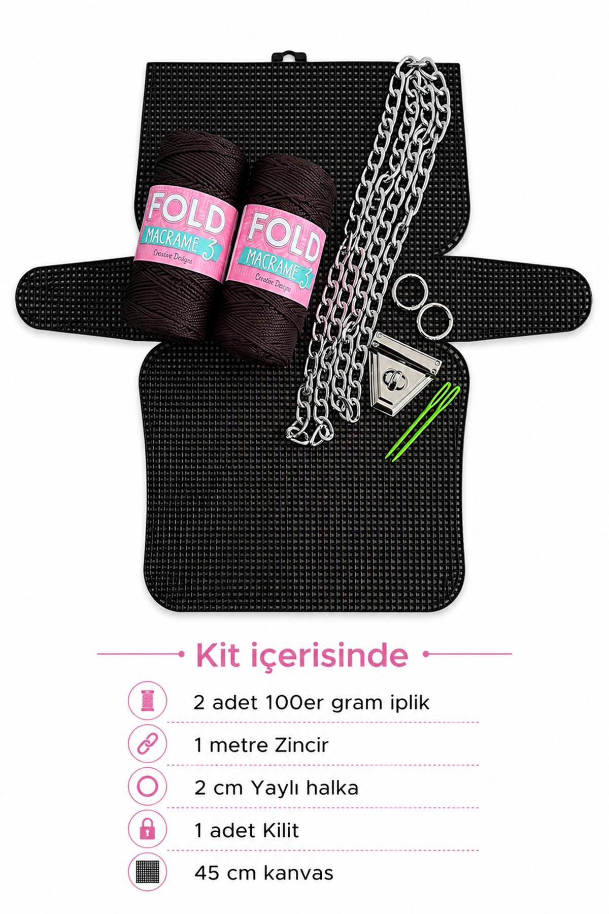 Kanvas Çanta Örgü Kiti 45x21cm - Acı Kahverengi Polyester Makrome No.3 Plastik Kanvas Çanta Seti