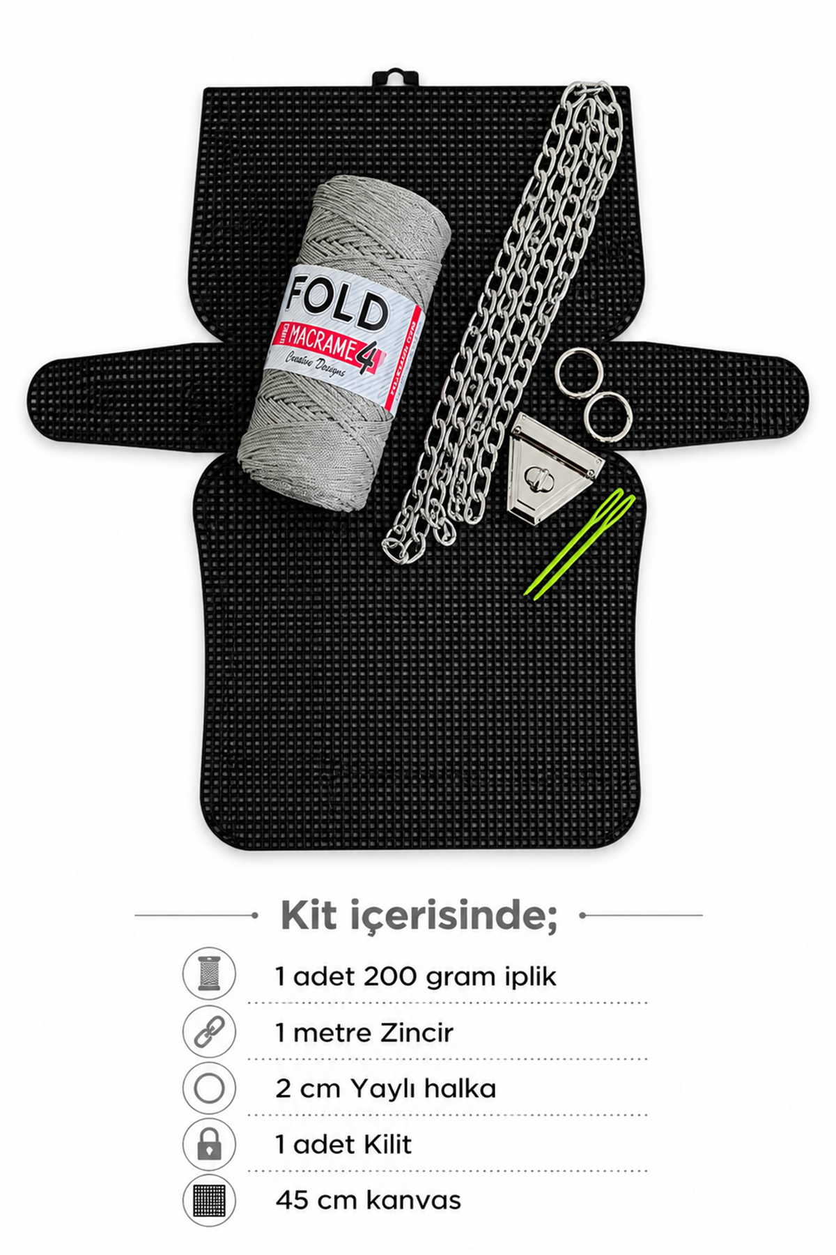 Kanvas Çanta Örgü Kiti 45x21cm - Simli Gri Polyester Makrome No.4 Plastik Kanvas Çanta Seti 