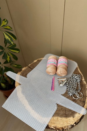 Kanvas Çanta Örgü Kiti 45x21cm -Sütlü Kahve Polyester Makrome No.3 Plastik Kanvas Çanta Seti