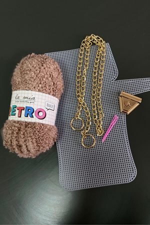 Kanvas Çanta Örgü Kiti 33x18cm - Buklet İp Zincir Gold Set Örgü İpi Gül Kurusu Retro