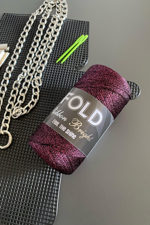 Kanvas Çanta Örgü Kiti Mürdüm Simli Ribbon Plastik Kanvas Çanta Seti 33x18cm