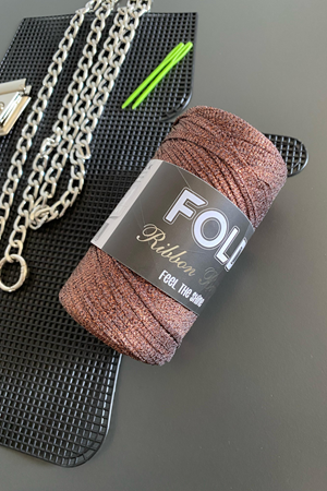 Kanvas Çanta Örgü Kiti Kahverengi Simli Ribbon Plastik Kanvas Çanta Seti 33x18cm