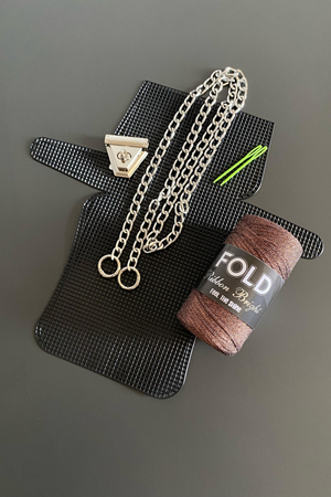 Kanvas Çanta Örgü Kiti Kahverengi Simli Ribbon Plastik Kanvas Çanta Seti 33x18cm