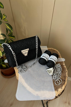 Kanvas Çanta Siyah No.3 Simli 45x21cm Kanvas - Polyester Makrome No.3 Plastik Kanvas Çanta Seti