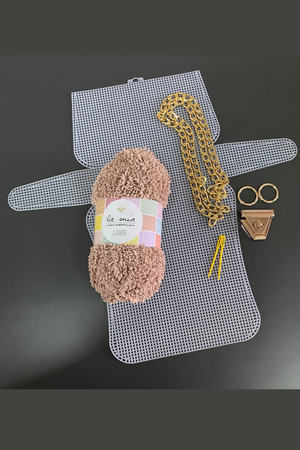 Kanvas Çanta Örgü Kiti 45x21cm - Sütlü Kahve Kuzu İpi Plastik Kanvas Çanta Seti Zincirli