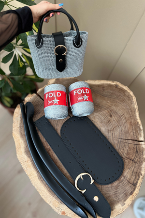 Simge Simli İp Gümüş %100 Sim Siyah Dil kapak Çanta Örgü Kiti 