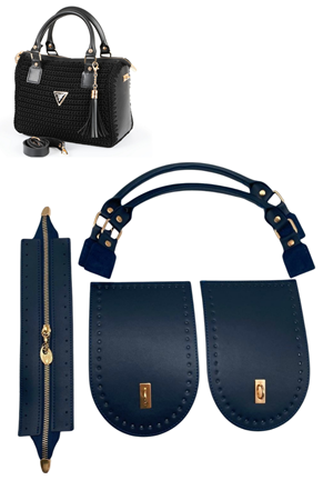 PRD Saplı Yan Körüklü Lacivert  Deri Çanta Örgi Kiti Çanta Seti