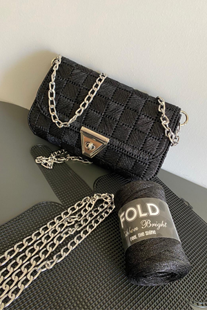 Kanvas Çanta Siyah Örgü Kiti 45x21cm - Simli Ribbon Bright Plastik Kanvas Çanta Seti Simli İp 