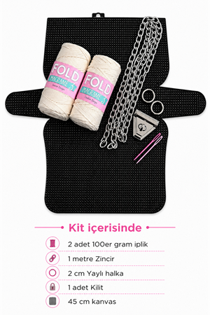Kanvas Çanta Örgü Kiti 45x21cm - Krem Polyester Makrome No.3 Plastik Kanvas Çanta Seti